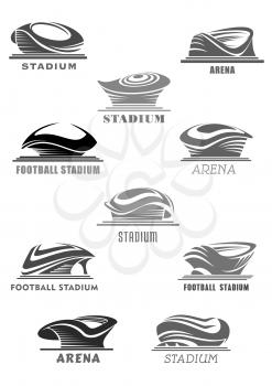 Sport stadium or football arena vector isolated futuristic or modern linear icons set design. Sporting field symbols or badges of dome covered playfiled for soccer or championship games