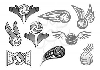 Balls vector icons set for sport club badge. Isolated symbols of flying ball on wings to goal gates and in hands. Design for volleyball, soccer football or handball sportive game or tournament