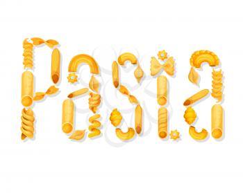 Pasta text lettering of Italian macaroni tagliatelle, spaghetti or papardelle and ravioli. Vector letters design of farfalle, fettuccine or gobetti and bucatini cavatappi for pasta restaurant