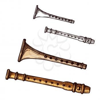Flute musical instrument vector sketch icon. Isolated symbol of music pipe, bansuri or hornpipe. Blown, end-blown or vessel, and duct type instrument for ethnic folk music concert or festival design
