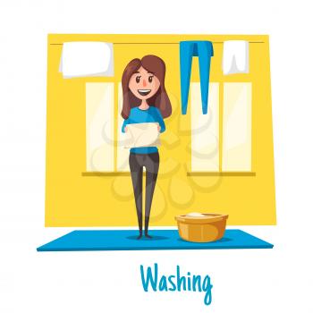 Laundry or clothes and linen washing poster. Vector homework design of young woman or housewife hanging fresh bedclothes or wear from washing machine or basin on rope to dry