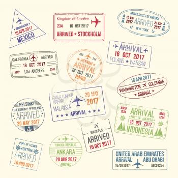 Passport travel stamps icons set with city names of Mexico, Stockholm and California or New York. Vector isolated symbols of country entry or arrival by airplane and stamped by migration officer