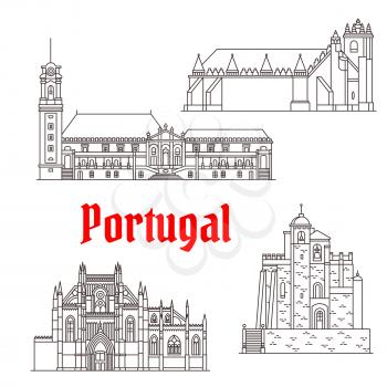 Portugal landmarks and Portuguese famous architecture buildings. Vector isolated icons and facades of Convent of Christ Monastery, Mertola and Nossa Senhora da Victoria Church, Sub-Ripas Palace
