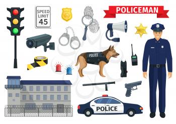 Policeman occupation of police guard work items or accessories. Vector icons of dog, prison jail or police department, gun or rubber bat and handcuff, fingerprints and sheriff badge or car siren