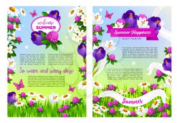 Welcome Summer posters set flowers bouquets and blooming summertime field of viola or iris blossoms, clover petals and daisy in flourish bloom, butterfly on summer grass meadow and flowery ribbons