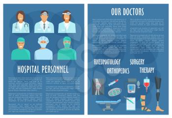 Hospital doctors or clinic personnel vector brochure. Rheumatology, therapy, orthopedics and surgery physicians and medical healthcare medicines x-ray, pills, syringe and stethoscope or thermometer