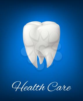 White tooth 3d icon or poster for dentistry health care design. Realistic healthy tooth symbol for toothpaste or medical mouthwash treatment product or dentistry office and clinic