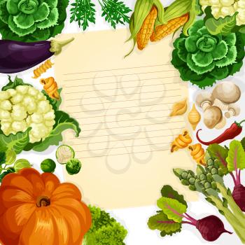 Cooking recipe vector template of vegetables and farm veggies harvest of pumpkin, carrot and cabbage or zucchini squash. Fresh tomato, potato or cucumber and cauliflower for kitchen recipe note