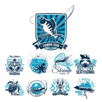 Fishing sport club and sea fishing trip badge set. Ocean fish, crab, shrimp, lobster, squid and sea turtle icon with fishing boat, net and tackle on heraldic shield with ribbon banner