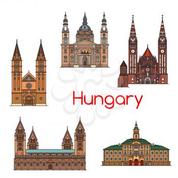 Tourist sight of Hungary thin line icon set. Szeged town hall, Votive Church and Cathedral of Our Lady of Hungary, St. Stephen Basilica, Roman Catholic Diocese, St. Peter and Paul Cathedral Basilica
