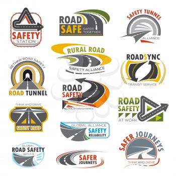 Road highway, traffic safety and transportation service icon set. Rural and mountain road, turn of speed highway, asphalt freeway, crossroad and tunnel isolated symbol for road themes design