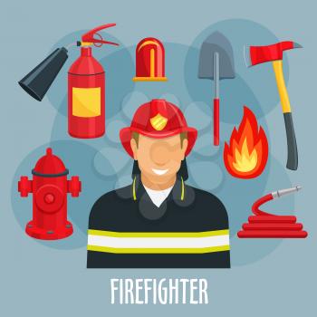 Fireman or firefighter profession icon. Fireman in firefighter uniform with red helmet, fire hose, flame, extinguisher, hydrant, shovel, axe, flashing light for rescue and emergency service design