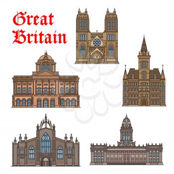 Travel landmark of Great Britain icon set. Thin line Town Hall buildings of Manchester, Liverpool and Leeds, Bristol Cathedral church and St Giles Cathedral symbol for travel and architecture design