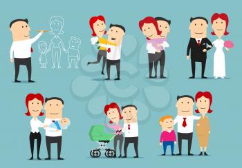 Family life cycle cartoon character set. Single man dreaming about family, dating, newly married couple, happy family with newborn, pregnant woman with husband and son expecting a second child