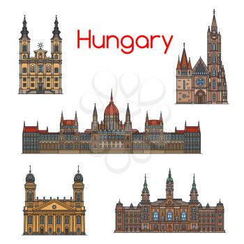 Hungarian travel landmark of historical buildings thin line icon set. Hungarian Parliament Building, Matthias Church, Reformed Great Church, Roman Catholic Mindszent Church, Town Hall of Gyor