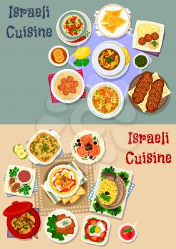 Israeli cuisine Shabbat dinner icon set with meat vegetable soup, stew, chicken dumplings, stuffed fish and forshmak, chickpea hummus and falafel, meatball, challah, donut, potato casserole, couscous