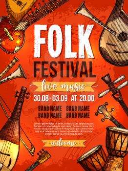 Folk music festival poster design template of national or ethnic musical instruments african jembe drums, russian balalaika, chinese or greek sitar or zyther and japanese biwa for live concert