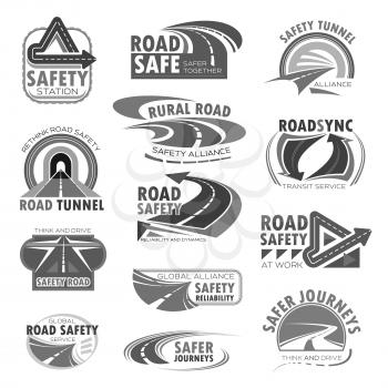 Road safety vector icons set for highway and tunnel construction technology or investment company. Isolated symbols of motorway or transport bridges and drives with road traffic lanes and arrows