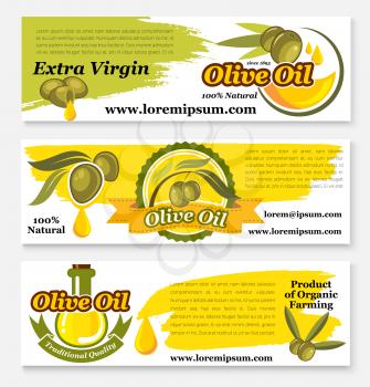 Olive oil vector banners. Design of green and black olives and oil drops of extra virgin fresh organic harvest. Set of bottles and jars with ribbons for natural cuisine and healthy cooking