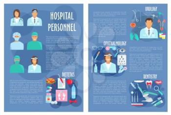 Hospital doctors poster or brochure for medical personnel of urology, dietetics healthcare, dentistry and ophthalmology. Vector physician staff and medicines for eyes, tooth implant, syringe and diabe
