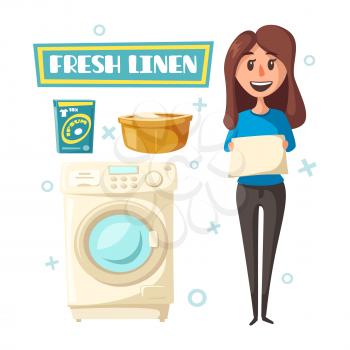 Laundry poster with washing machine, detergent and fresh washed linen clothes. Vector design with woman holding bedclothes and wash liquid for laundry service or product information label
