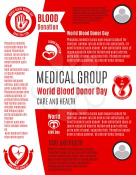 World Blood Donation Day vector poster for medical group of health and volunteering care or blood transfusion center. Design for social donor charity event with symbols of blood drops on heart and hel