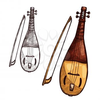 String music instrument with bow. Vector sketch symbol of musical bowing or plucking type of sitar, ukulele or lute and wooden mandolin for orchestra concert or ethnic music festival design