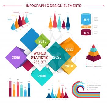 Infographics design elements and templates. Vector flat icons set for world statistics and analytics, marketing and business diagrams and growth charts, flowchart graphs and percent share bars