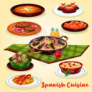 Spanish cuisine dinner menu cartoon poster. Seafood and vegetable paella, potato tortilla with egg, baked potato, chicken baked in tomato chilli sauce, beef schnitzel and cake for food themes design
