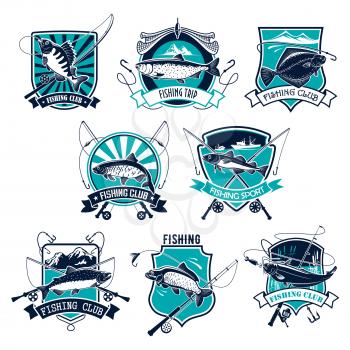 Fishing sport badge set. Bass, trout, salmon, tuna, perch and flounder fishing symbol of fish with fishing rod and hook on heraldic shield with ribbon banner for fishermen club or tournament design