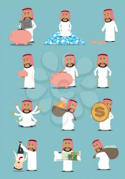 Arab businessman with money cartoon character set. Rich arabian man with dollar and euro currency, money bag, gold coin, piggy bank, oil tank, diamond and bankrupt with empty pockets. Finance concept