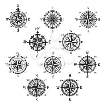 Compass isolated symbol set. Vintage compass and wind rose for navigation and orientation with cardinal directions North, East, South and West. Adventure travel, nautical chart, cartography design