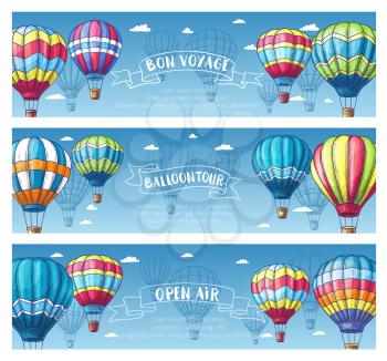 Hot air balloon sketch banner set. Air balloon floating across blue sky with white clouds vintage card, supplemented by ribbon banner with Balloon Tour, Bon Voyage text for travel, ballooning design