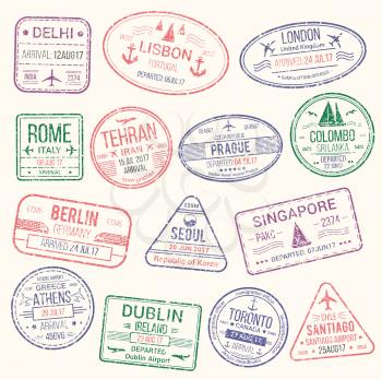 Passport stamp isolated set. Travel visa stamp of arrival to and departure from Italy, UK, Germany, India, Greece, Canada, Korea and Portugal countries for tourism, vacation and business trip design