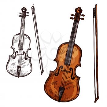 Violin with bow string music instrument. Vector sketch symbol of musical bowing or plucking type of viola fiddle or contrabass and cello for orchestra concert or folk and jazz music festival design