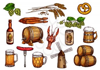 Beer snacks icons. Isolated symbols of beer drink mug and hop, barley and wheat ears, grill sausages and beer in barrel, windmill and fish kipper and pretzel for Oktoberfest brewery pub or bar