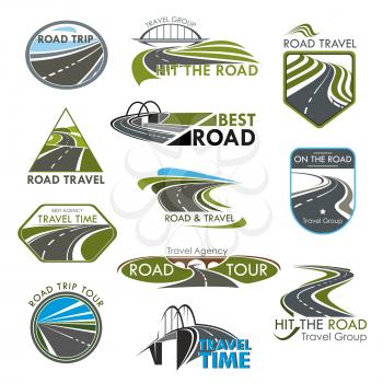 Road icons set for travel or tourist company and agency. Vector isolated symbols or badges with highways path, bridges and motorway lanes for road journey or travel voyage templates