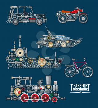 Transport mechanics and vehicles mechanisms. Vector train, ship boat, car and bicycle or bike with detailed parts of engine or gear, wheels and gauges with screws and valves, controllers or indicators