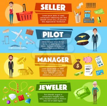 Pilot, jeweler and seller manager professions banners set. Vector design of shopping grocery cart, jewelry gemstones and bijou, airplane tickets or airport, money contract or credit card in piggy bank