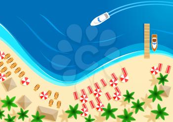 Beach and sea top view. Summer holidays vacation and relax paradise resort or travel vector design of beachfront sand, ocean waves, tropical exotic palms and sun umbrellas or yachts at boat pier