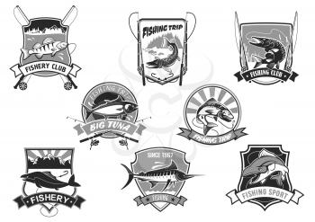 Fishing club or fishery trip icons set. Vector isolated symbols of big fish catch river perch and sea tuna or ocean marlin on hook, fishing rod and fisherman pike tackle, salmon or carp and mackerel