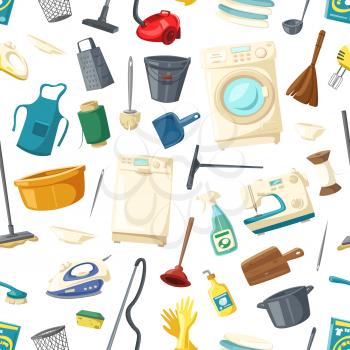 Home cleaning, cooking and laundry seamless pattern, Vector kitchen dishware and utensils, washing and sewing machine, detergent or duster scoop and water bucket with mop and iron, grater or thread