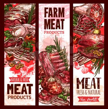 Farm fresh raw meat banners set for butchery shop or market. Vector design of beef steak or sirloin brisket, pork chop or tenderloin and bacon ham, poultry chicken or turkey and mutton loin on ribs