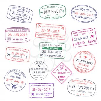 Passport travel stamps set with city names of Sydney, Manila or Amsterdam and Tokyo or Beijing and Hong Kong. Moscow, Madrid or Oslo and Cairo or Zagreb. Vector isolated icons of country arrival entry