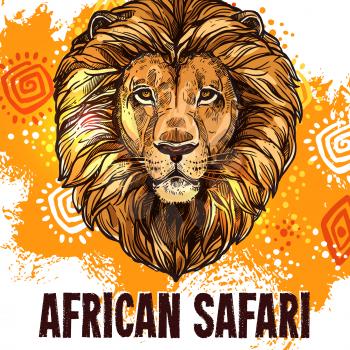 African Safari poster with lion for hunting or zoo design template. Vector wild Africa animal muzzle of savanna cheetah panther or jaguar leopard for hunter club or open hunting season