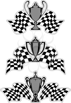 Racing sport awards and trophies with checkered flags isolated on white background