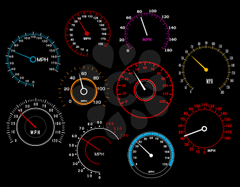 Speedometers set isolated on background for racing sport or transportation industry design