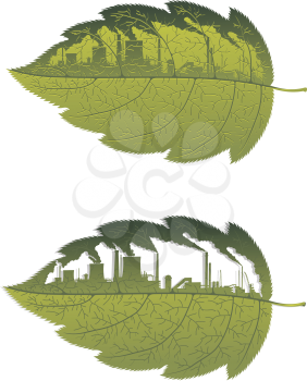 Green leaf with factory building for environment, ecology or pollution on nature concept