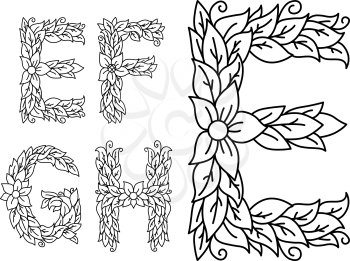 Floral capital letters E, F, G and H for design