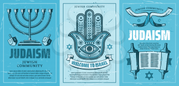 Welcome to Israel posters with Judaism religion attributes. Candlestick and Fatimas hand amulet, Torah book and holy scroll, star of David. Vector retro brochures for travel company, invitation